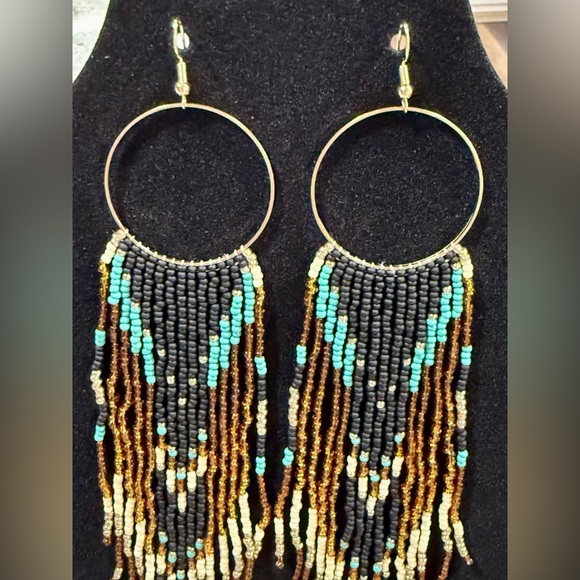 “NEW”Beaded Fringe Hoop Earrings - Black & Turquoise - Picture 4 of 6